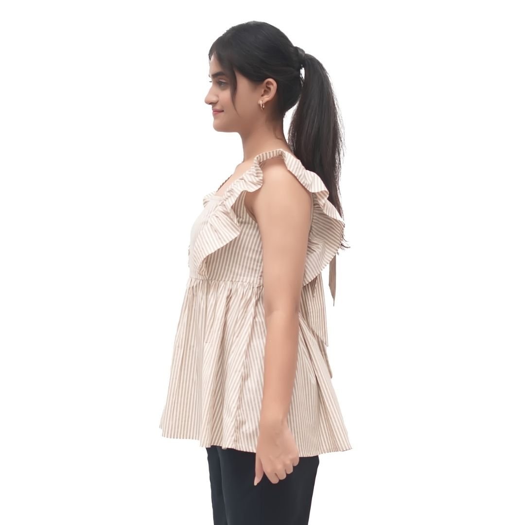 Beige Striped Ruffle Tie-Back Top - Image 3