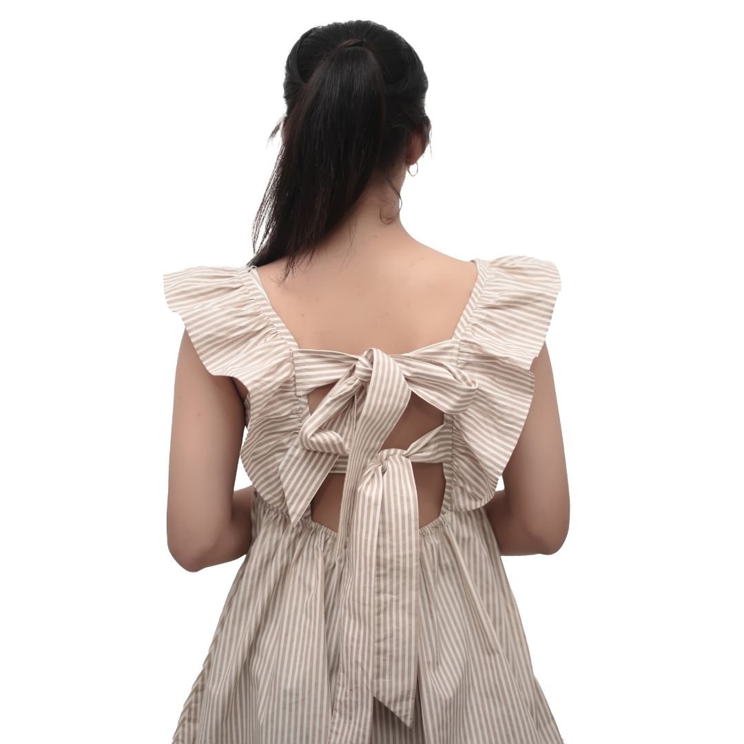 Beige Striped Ruffle Tie-Back Top - Image 4