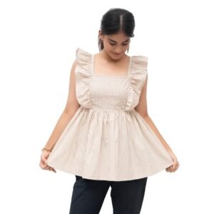 Beige Striped Ruffle Tie-Back Top