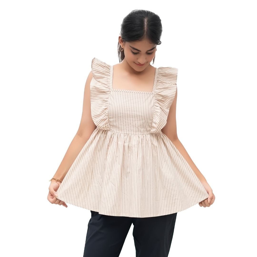 Beige Striped Ruffle Tie-Back Top