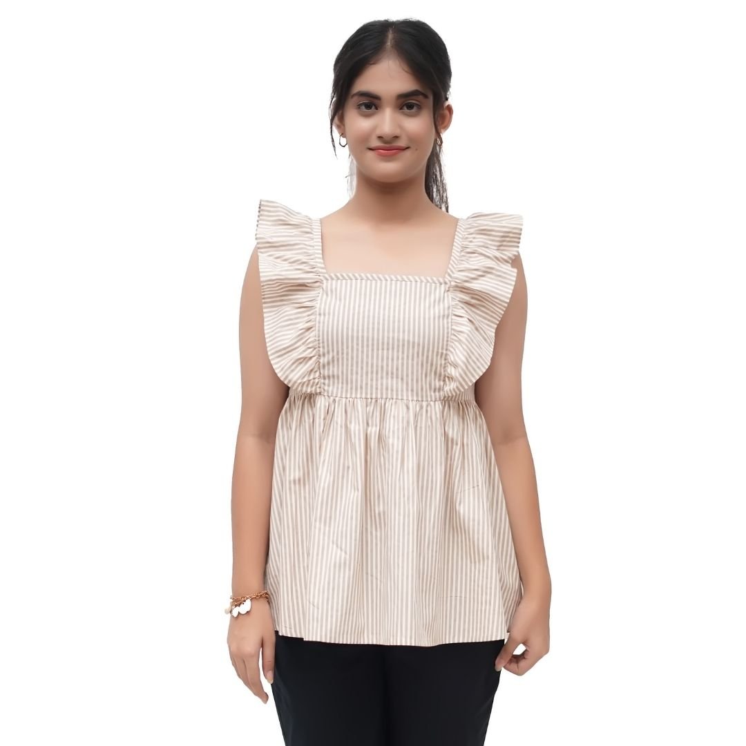 Beige Striped Ruffle Tie-Back Top - Image 2