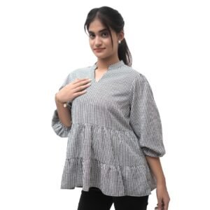 Black Checkered Cotton Blend Top