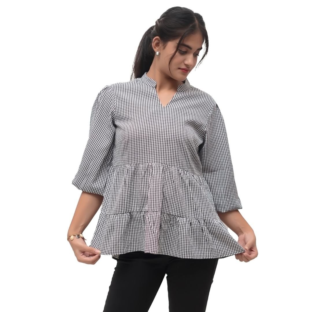 Black Checkered Cotton Blend Top - Image 2