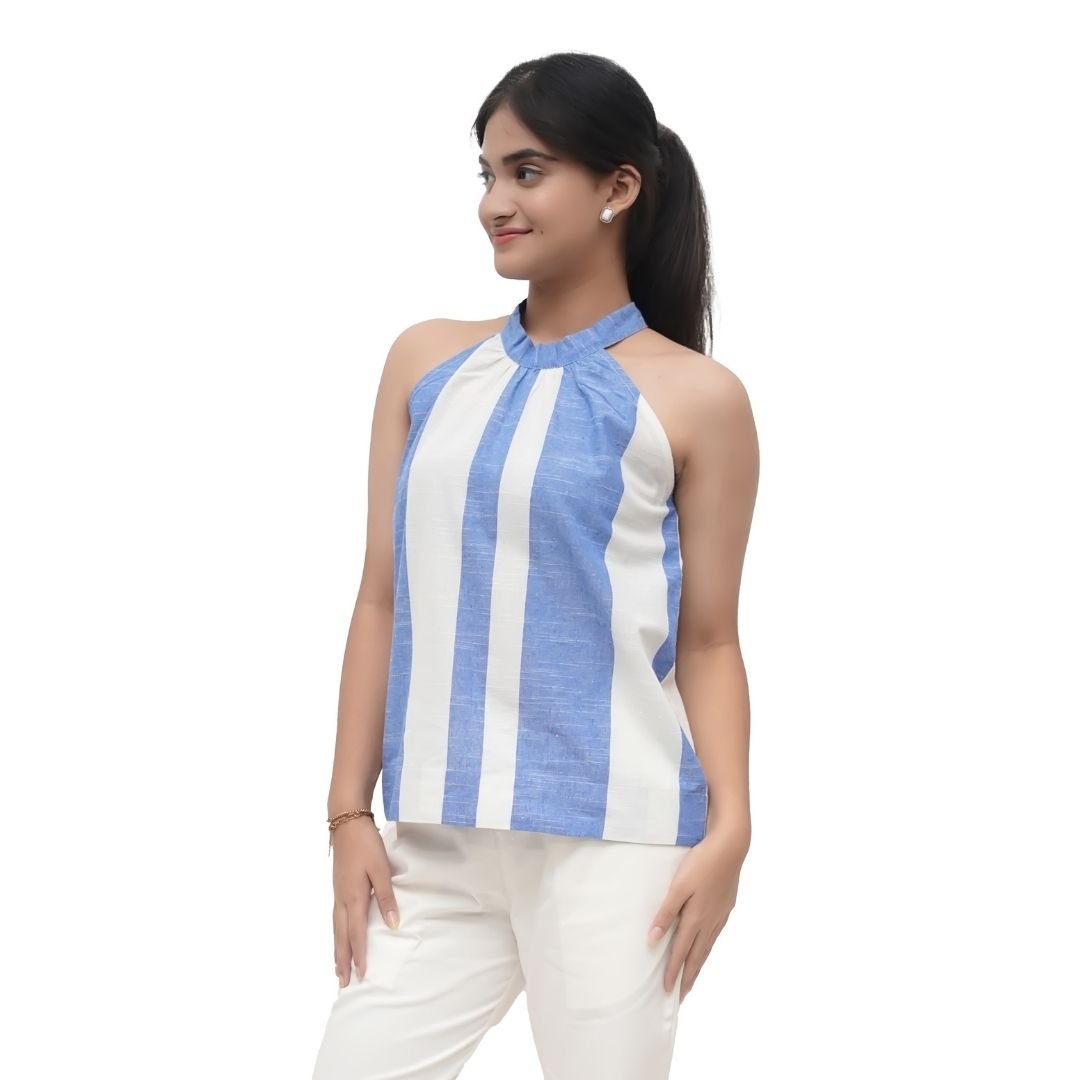 Blue & White Striped Halter Neck Top - Image 2