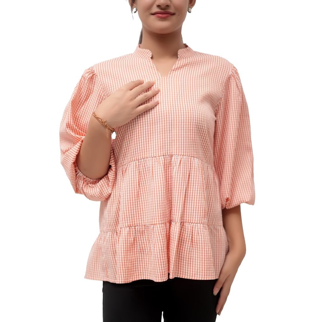 Orange Checkered Cotton Blend Top - Image 4