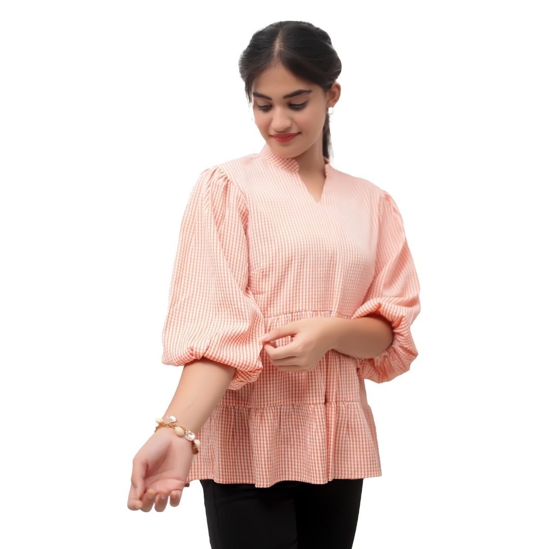 Orange Checkered Cotton Blend Top - Image 2