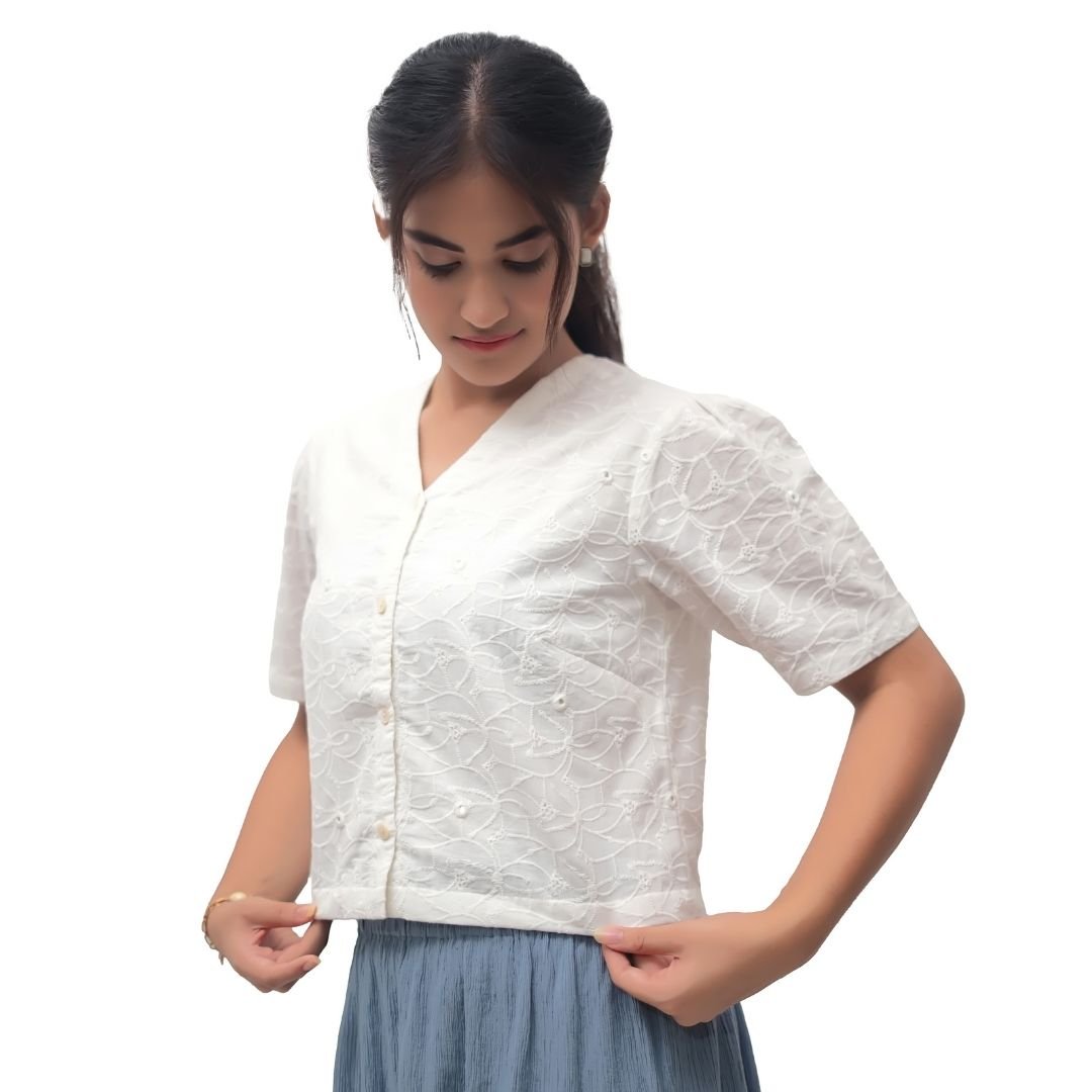 White Floral Embroidered Cotton Crop Top - Image 4