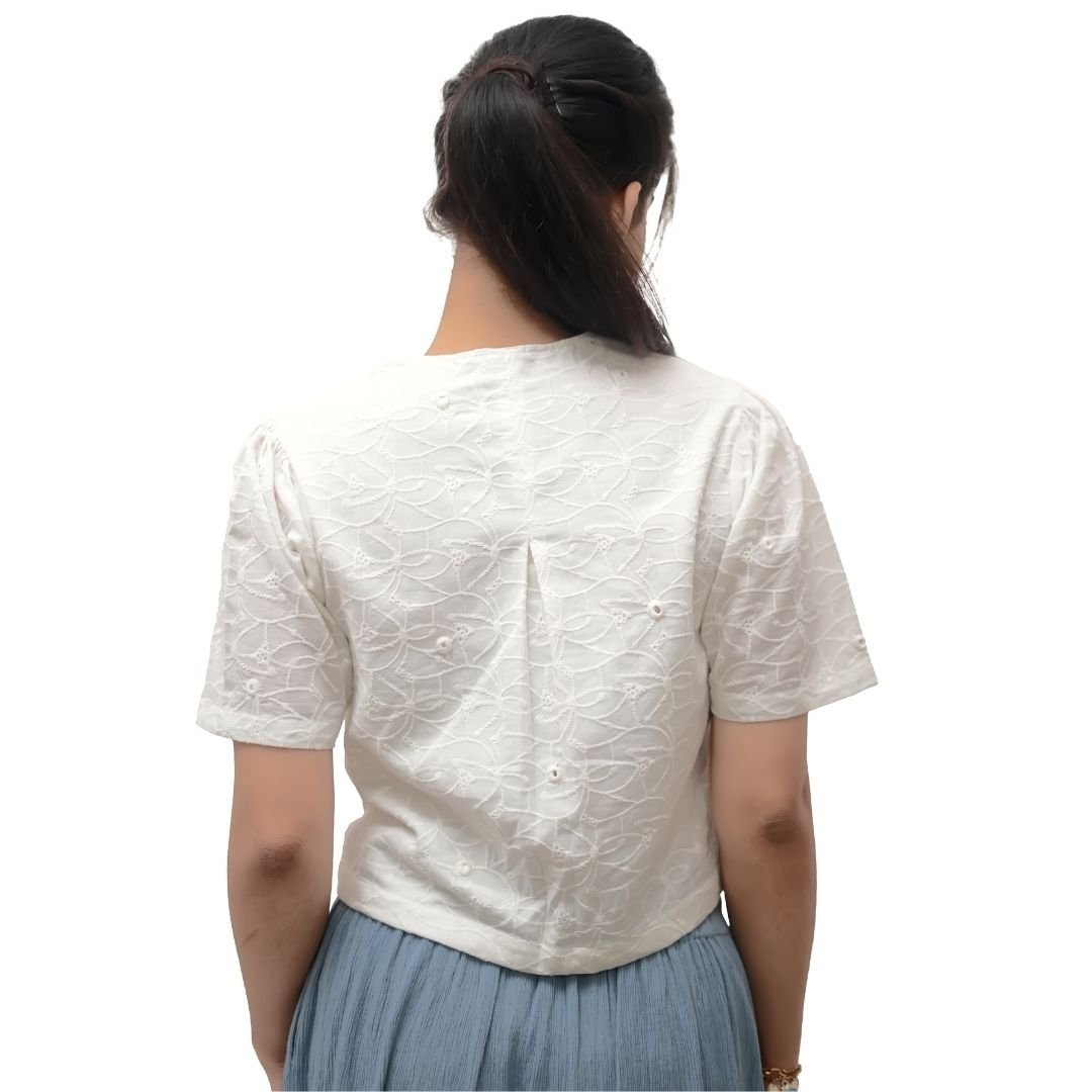 White Floral Embroidered Cotton Crop Top - Image 3