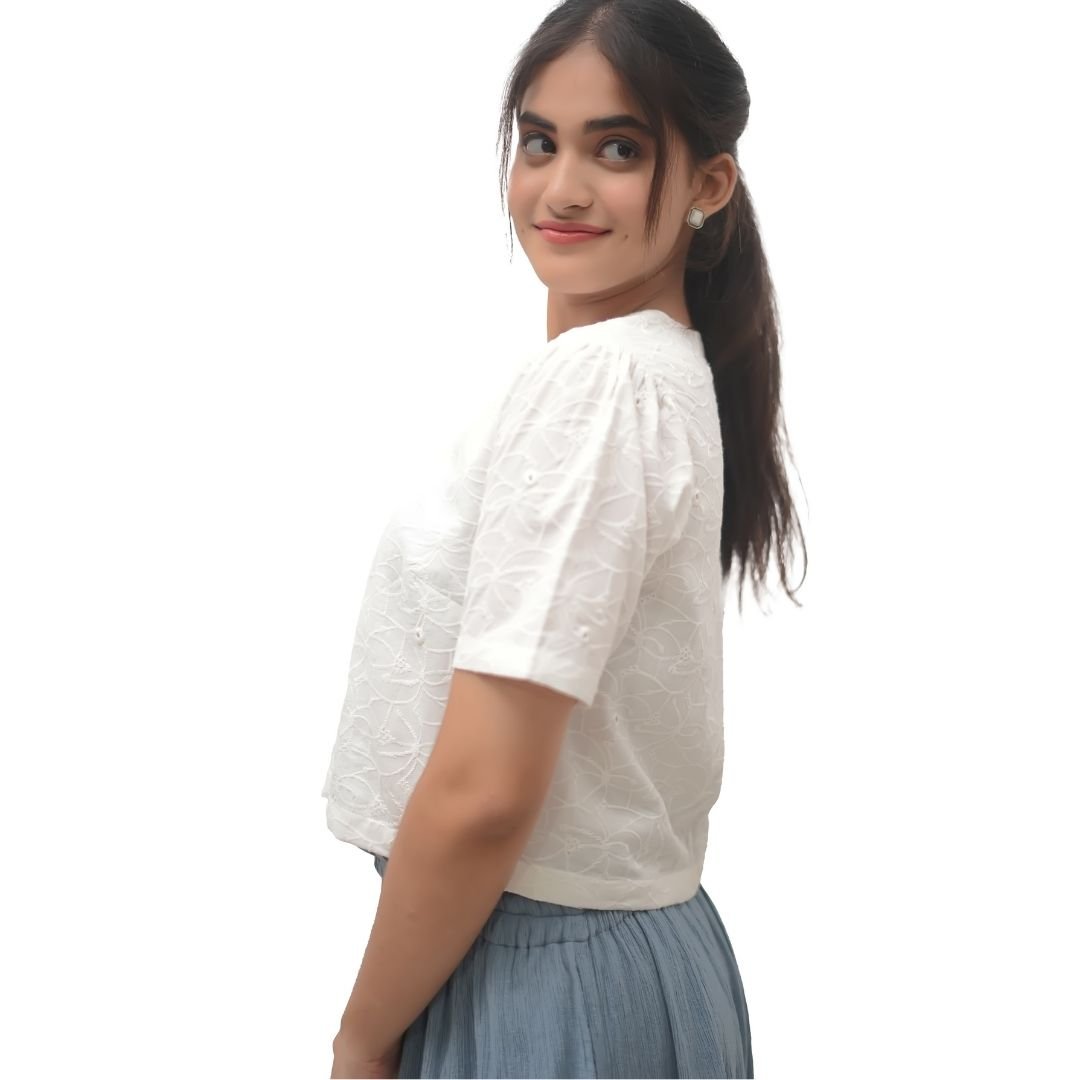 White Floral Embroidered Cotton Crop Top - Image 2