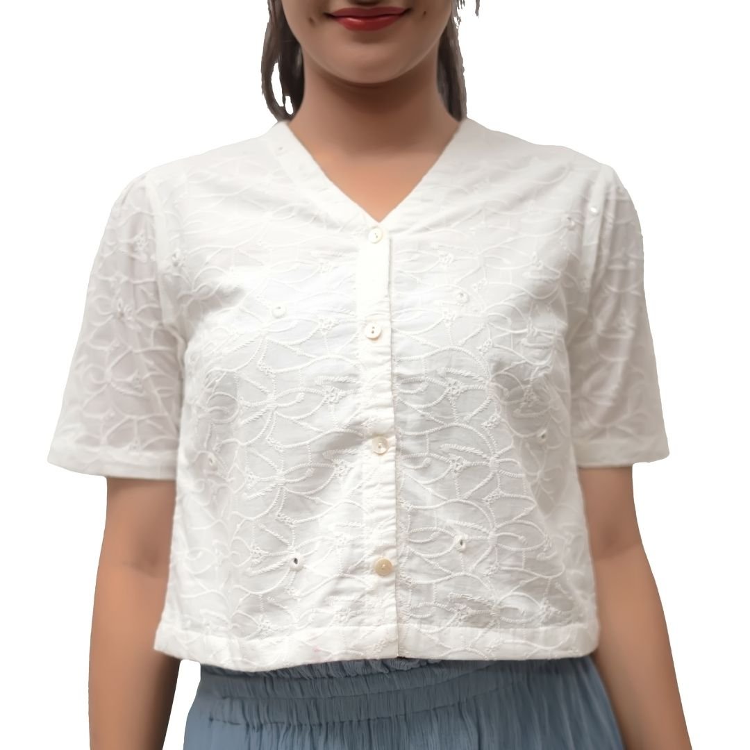 White Floral Embroidered Cotton Crop Top